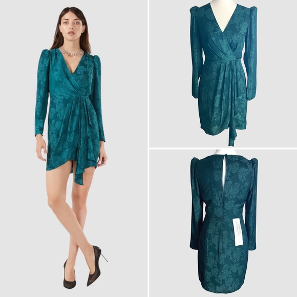 BCBGMaxAzria Vera Surplice Mini Dress, Deep Teal, NWT-Size 2 - Picture 1 of 12